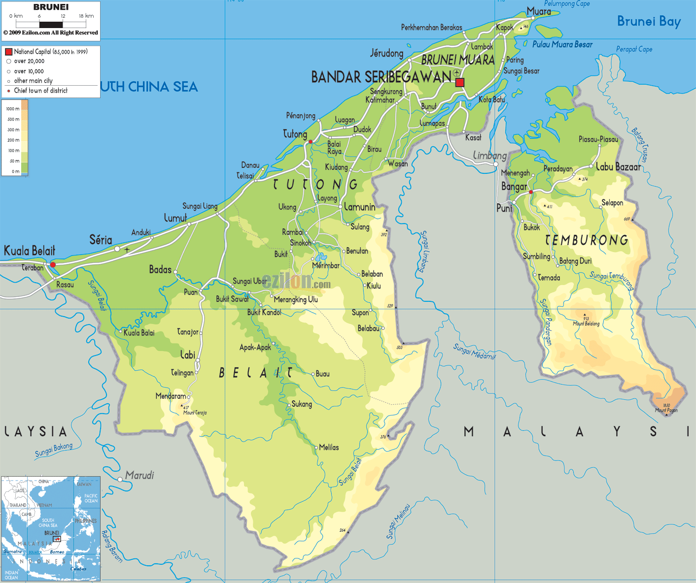 Brunei physique carte